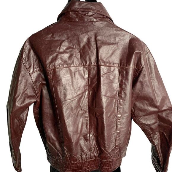 Vintage 70s 80s Leather Bomber Jacket L Maroon Red Zip Snap Elastic Waist - Picture 4 of 7